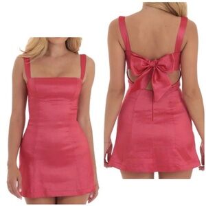 Lucy in the Sky Dress Mini Bodycon Bow Back Red Coral Taffeta M L